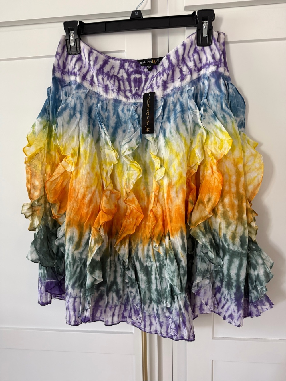 Chaudry Tie-Dye Ruffled Midi Skirt in Purple, Yellow & Orange NWT